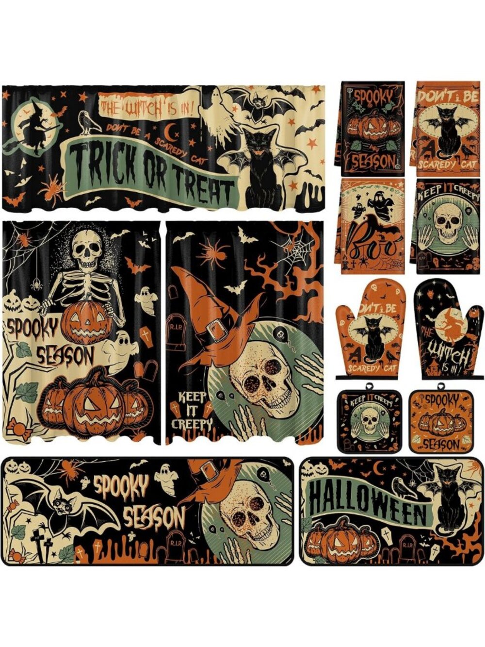 Gothic Vintage Halloween Kitchen Decor Set - 13 Pcs Rugs & Curtains for Spooky